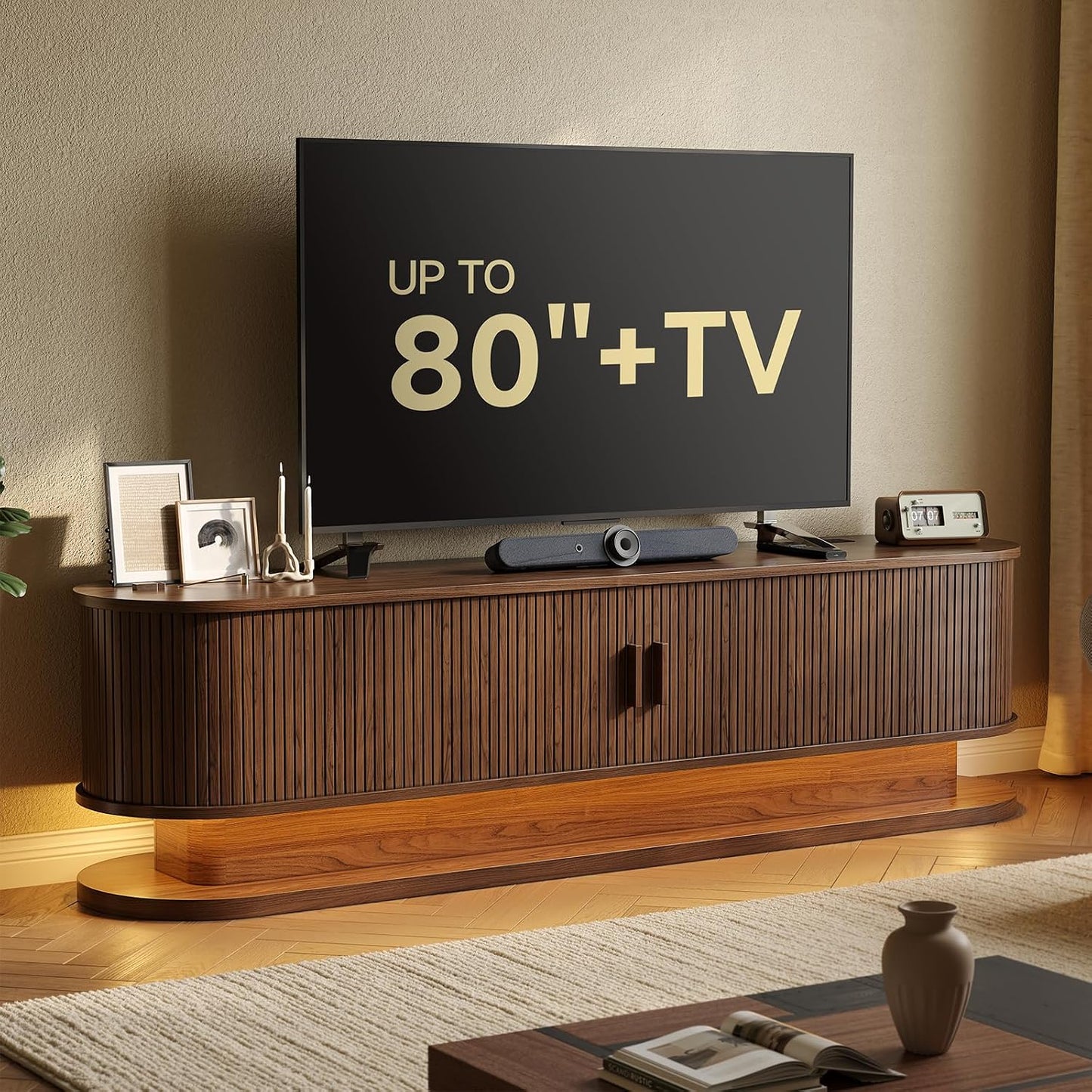 70" Fluted TV Stand for 80 Inch TV, Entertainment Center with Power Outlet & LED Lights