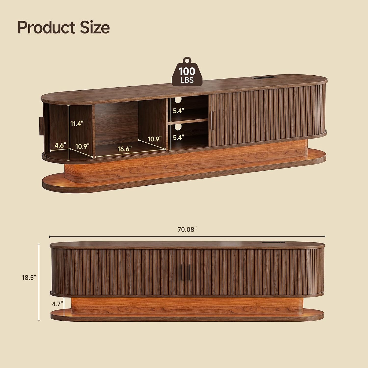 70" Fluted TV Stand for 80 Inch TV, Entertainment Center with Power Outlet & LED Lights