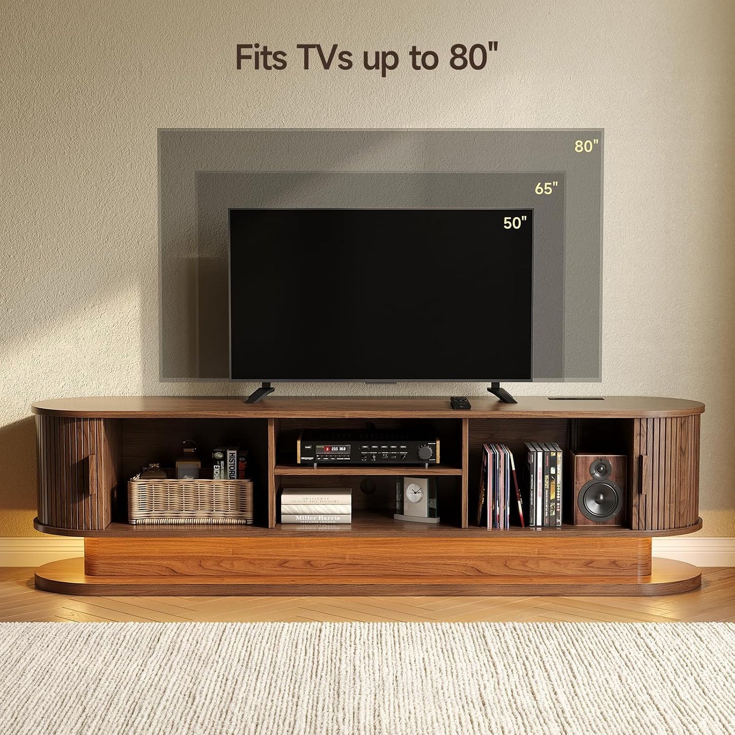 70" Fluted TV Stand for 80 Inch TV, Entertainment Center with Power Outlet & LED Lights