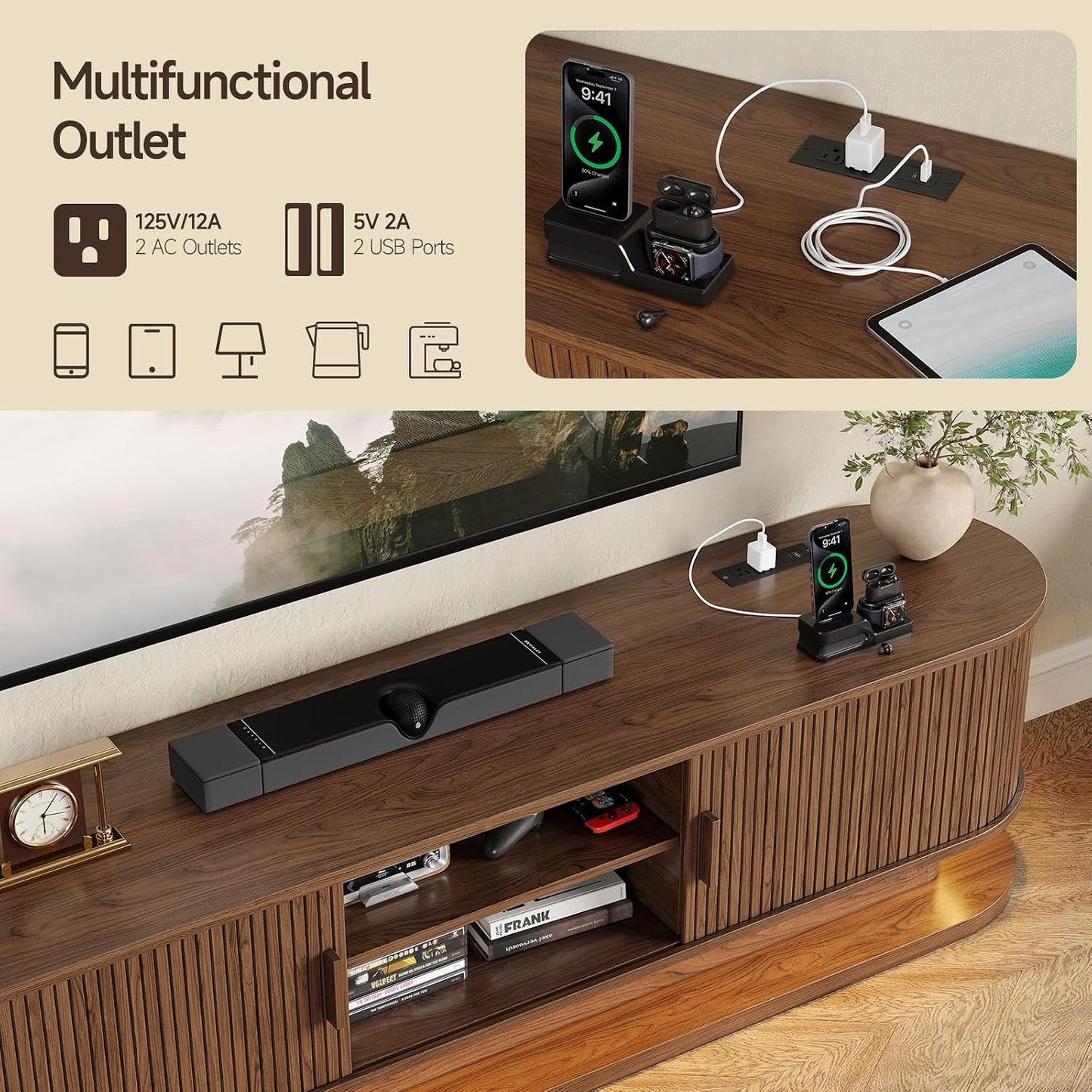 70" Fluted TV Stand for 80 Inch TV, Entertainment Center with Power Outlet & LED Lights