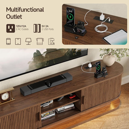 70" Fluted TV Stand for 80 Inch TV, Entertainment Center with Power Outlet & LED Lights