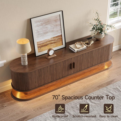 70" Fluted TV Stand for 80 Inch TV, Entertainment Center with Power Outlet & LED Lights