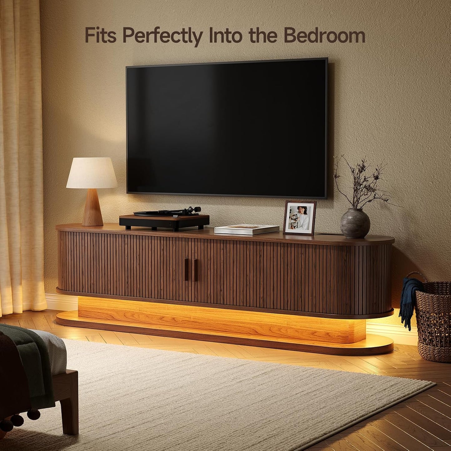 70" Fluted TV Stand for 80 Inch TV, Entertainment Center with Power Outlet & LED Lights