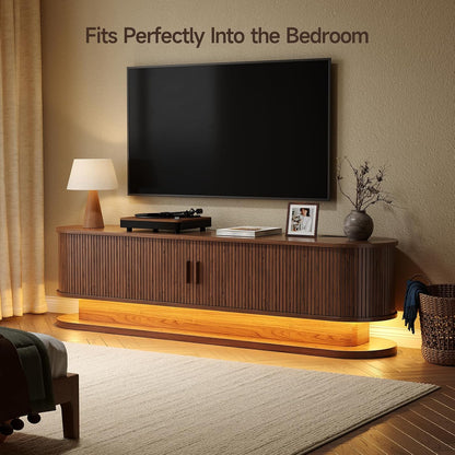 70" Fluted TV Stand for 80 Inch TV, Entertainment Center with Power Outlet & LED Lights