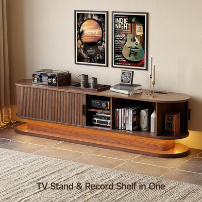 70" Fluted TV Stand for 80 Inch TV, Entertainment Center with Power Outlet & LED Lights